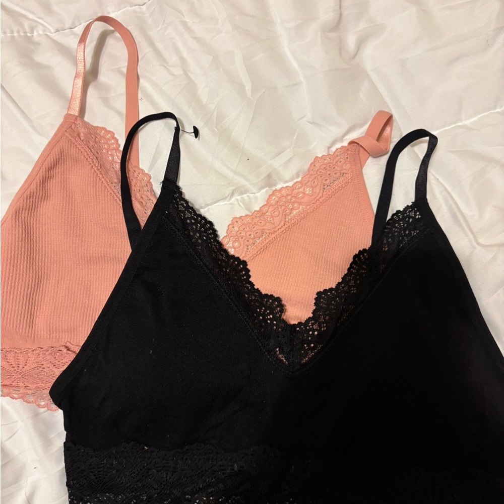 Lace Trim Bralette Set - Black & Peach